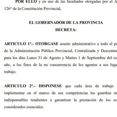 El Decreto provincial que dispone dos días de asueto administrativo